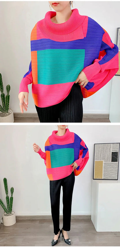 Miyake Pleated Turndown Collar Batwing Sleeve Top Women Geometric Printed Loose T-shirt