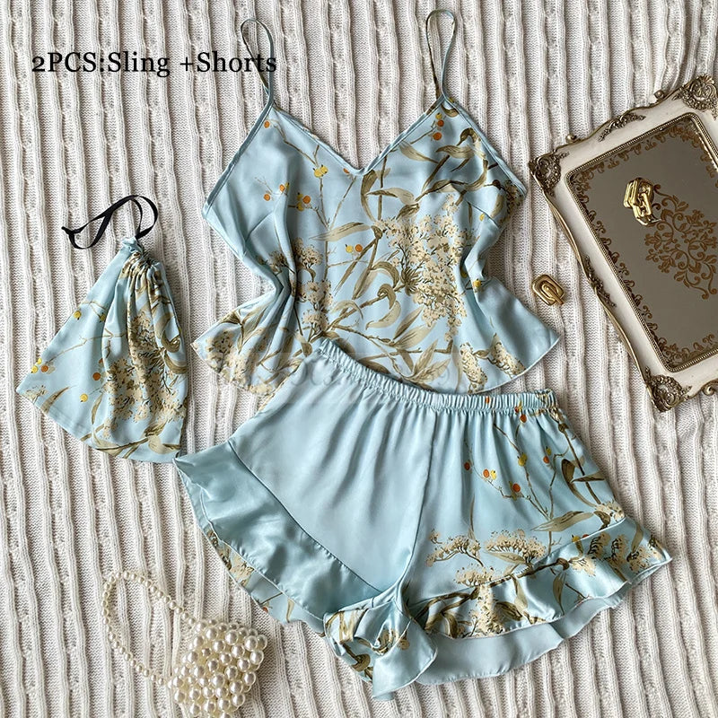 Four Pieces Pajamas Set Printed Little Cherry Sleepwear Women Satin Nightgown With Suspender Sling&Shorts Summer Home Clothes