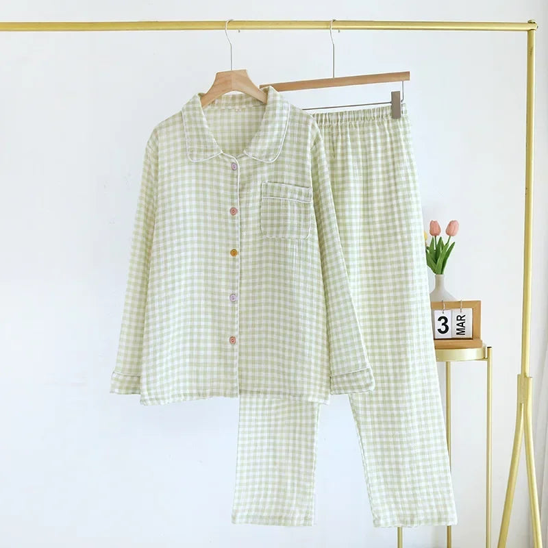 2026 Spring/Summer New Women's Sleepwear Long Set 100% Cotton Plaid Long Sleeve Long Pants Two Piece Set Collar Home Clothes