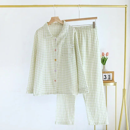 2026 Spring/Summer New Women's Sleepwear Long Set 100% Cotton Plaid Long Sleeve Long Pants Two Piece Set Collar Home Clothes