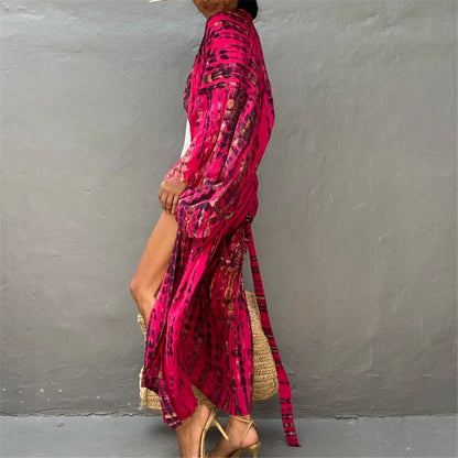 New 11 Colors Printed Long Sleeve With Belt Tunic Beach Cover Up Cover-ups Beach Dress Beach Wear Beachwear Female Women V4521