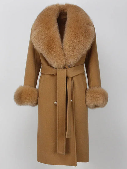 Double Breasted Woolen Jacket Belt Warm Cashmere Real Fur Coat Streetwear New Fashion 2024 Winter Women Long Natural Wool Blends