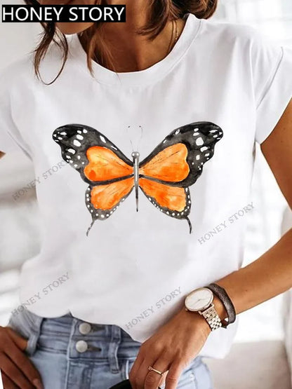 Dragonfly Butterfly Print Base Top Loose Women's Short-sleeved T-shirt Round Neck Oversized T Shirt  Women Clothes TEE