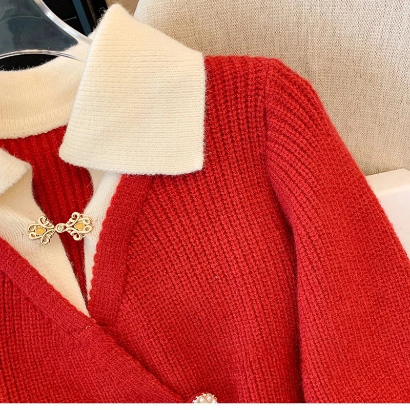 New 2026 Autumn Winter Design Splicing Slim Women Knitted Cardigan Sweater Jacket Fashion Fake Two Items Loose Ladies Top