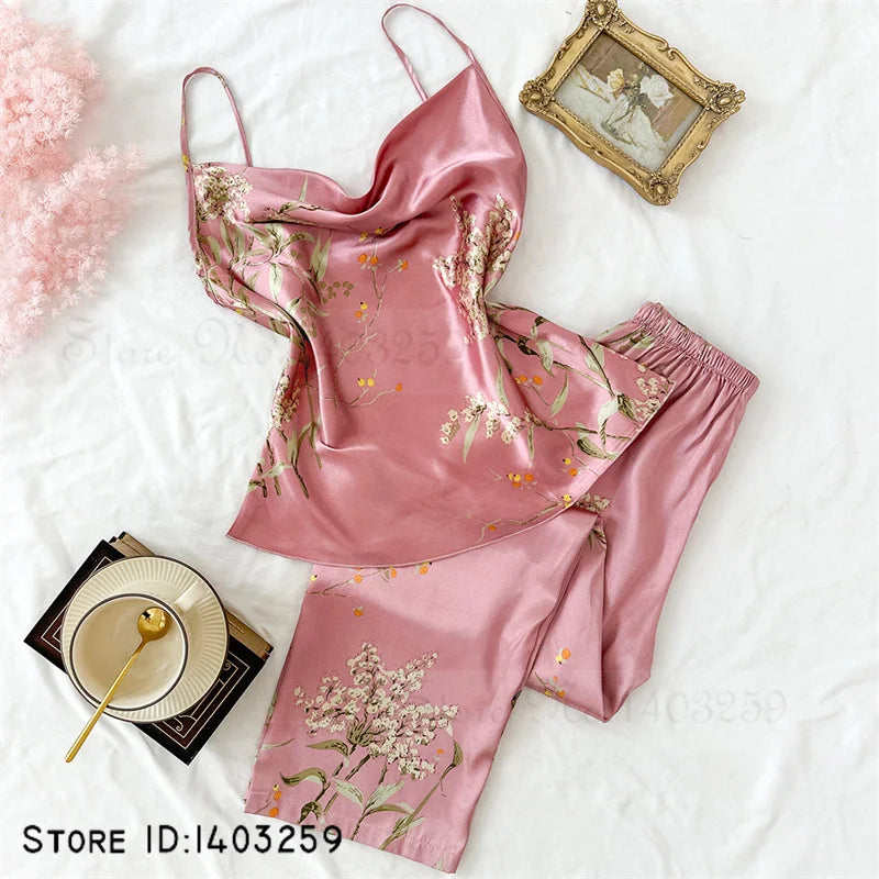 Four Pieces Pajamas Set Printed Little Cherry Sleepwear Women Satin Nightgown With Suspender Sling&Shorts Summer Home Clothes