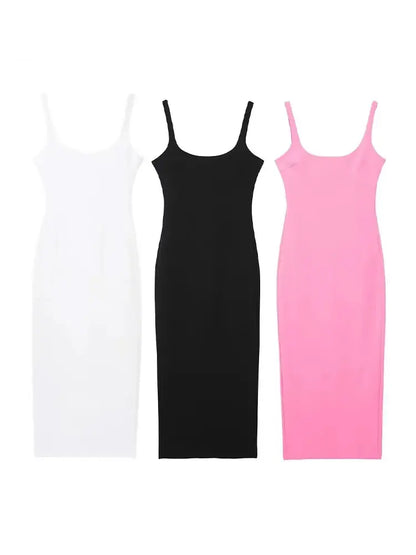 HH Female Summer Fashion Skinny Midi Dress Strap O-Neck Solid Sexy Elegant Evening Sleeveless Backless Chic Long Dresses
