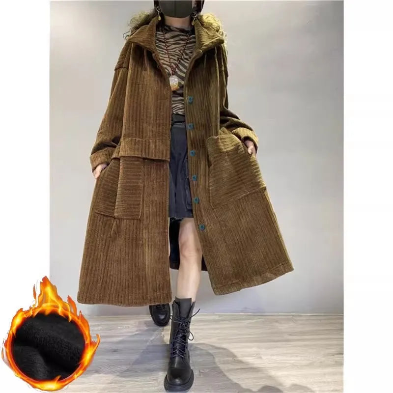 Thiened Fce Long Corduroy Warm Outerwear Women's Single Button Open Cardigan Windbreaker Autumn Winter Seasonal Faion
