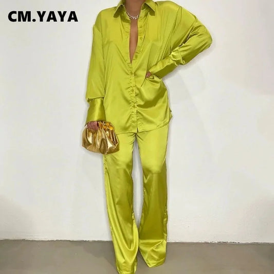 CM.YAYA Elegant Satin Women's Tracksuit Long Sleeve Shirt and Wide Leg Straight Pants Matching Sleepwear Two 2 Piece Set Outfits