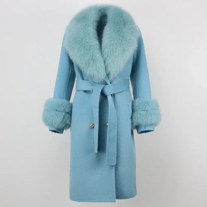 Double Breasted Woolen Jacket Belt Warm Cashmere Real Fur Coat Streetwear New Fashion 2024 Winter Women Long Natural Wool Blends