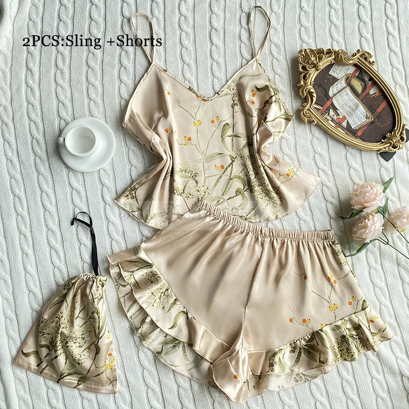 Four Pieces Pajamas Set Printed Little Cherry Sleepwear Women Satin Nightgown With Suspender Sling&Shorts Summer Home Clothes