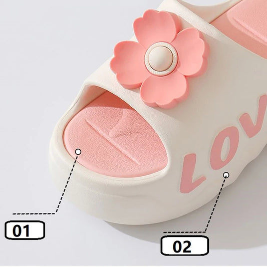 New pink flower high heel slipper women's outdoor slides sweet backless beach shoes woman flat platform mules elevator slippers