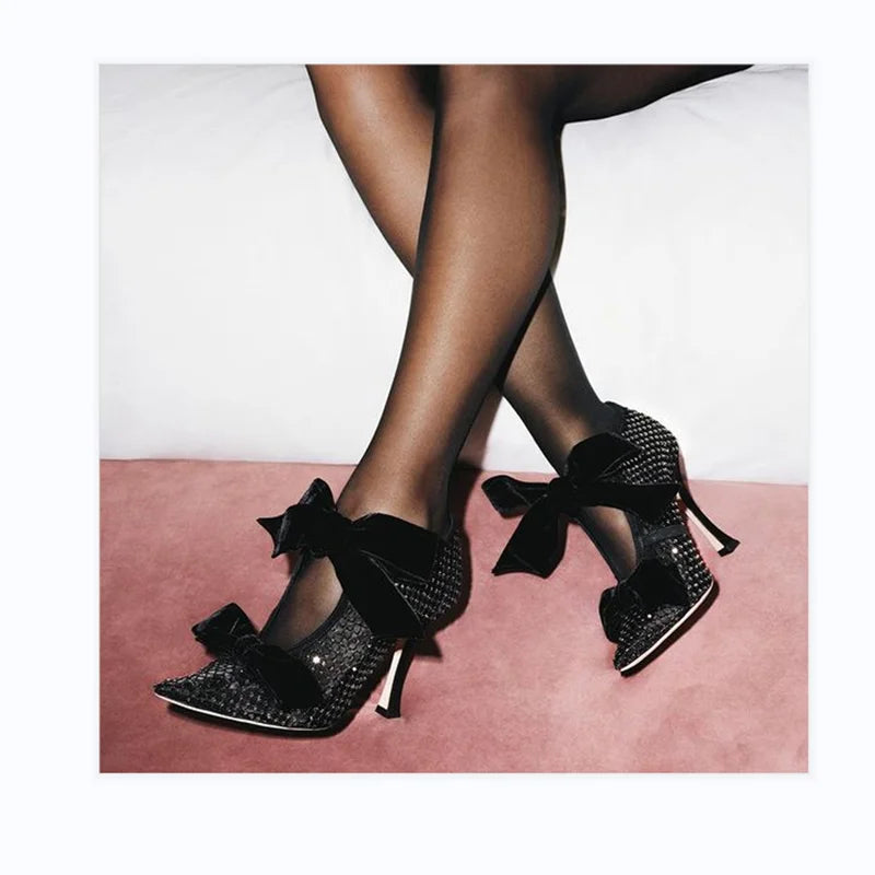 Black Rhinestones Bow Sandals Mesh Upper Pointed Toe Stiletto Heels Dress Party Pumps Fashion Women Sexy Summer Casual Shoes