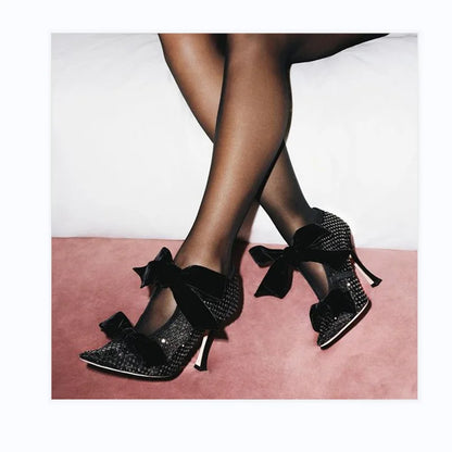 Black Rhinestones Bow Sandals Mesh Upper Pointed Toe Stiletto Heels Dress Party Pumps Fashion Women Sexy Summer Casual Shoes