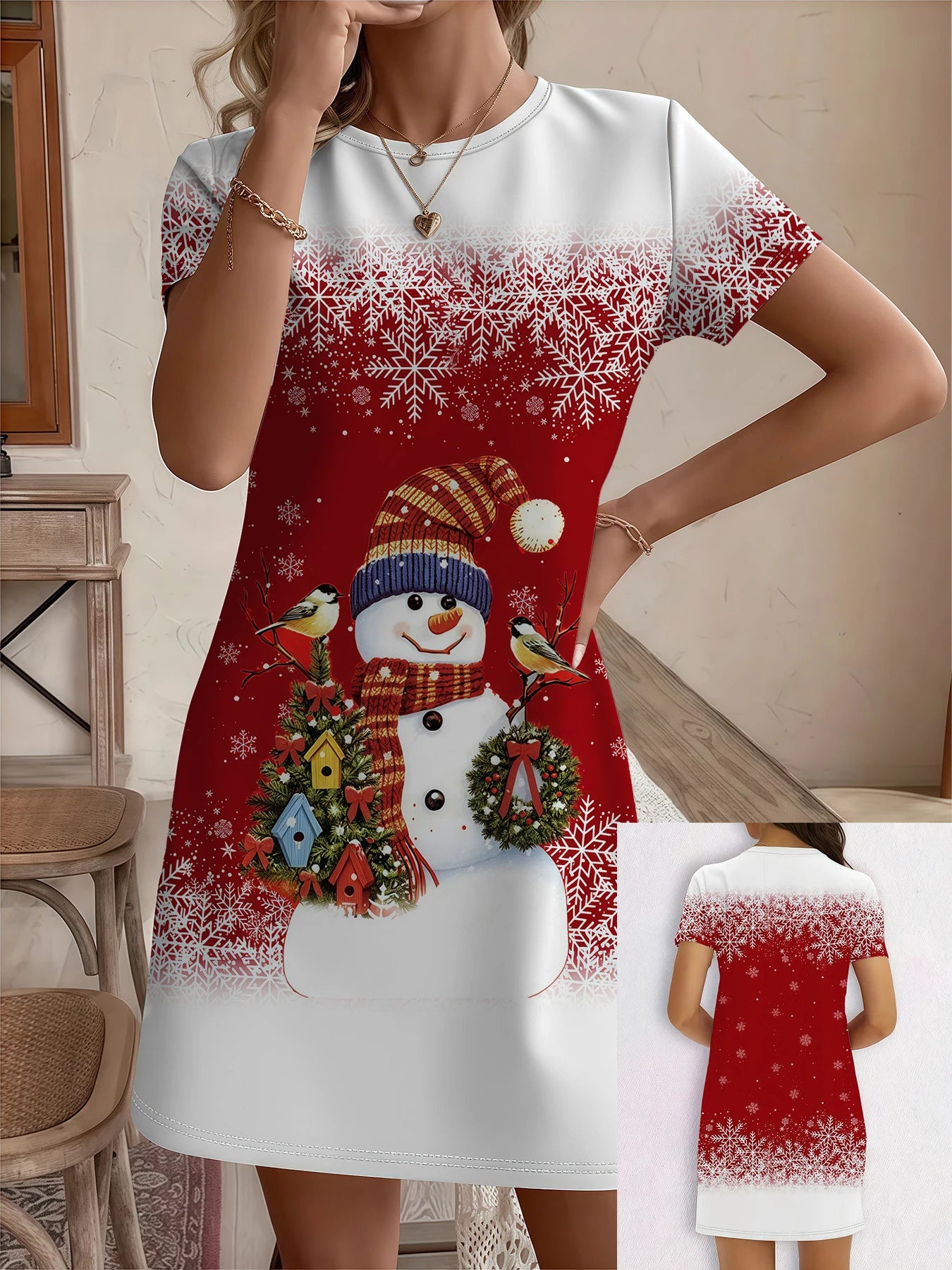 Women's Christmas Snowman Print Dress A-Line Party Dress with Collar Holiday Costume for Xmas Parties Y2k Tops Women's Clothing