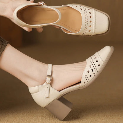 Women's sheepskin hollow-out summer sandals ankle strap square toe 6cm thick med heel elegant ladies heeled dress slim shoes 40