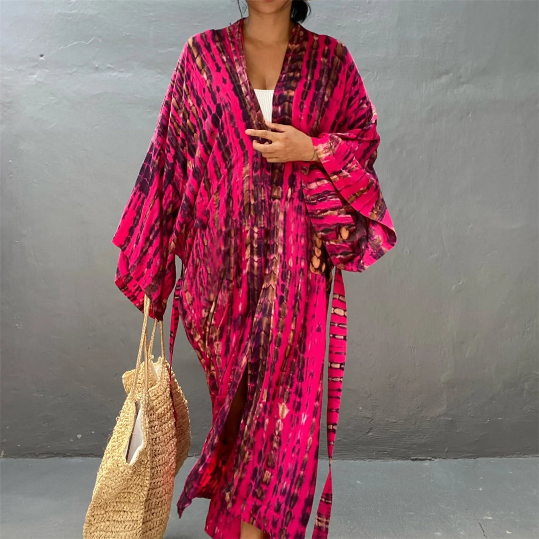 New 11 Colors Printed Long Sleeve With Belt Tunic Beach Cover Up Cover-ups Beach Dress Beach Wear Beachwear Female Women V4521