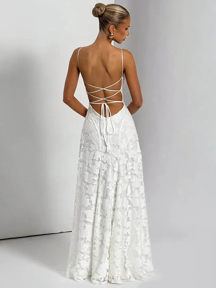Spaghetti Strap Backless Sexy Maxi Dress Women Gown Fashion Off-shoulder Sleeveless Lace-up Evening Club Party Dress