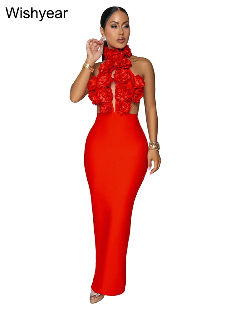 New Autumn Halter Sleeveless Backless Cutout Red 3D Flower Long Maxi Dress for Women Elegant Sexy Evening Birthday Party Vestido
