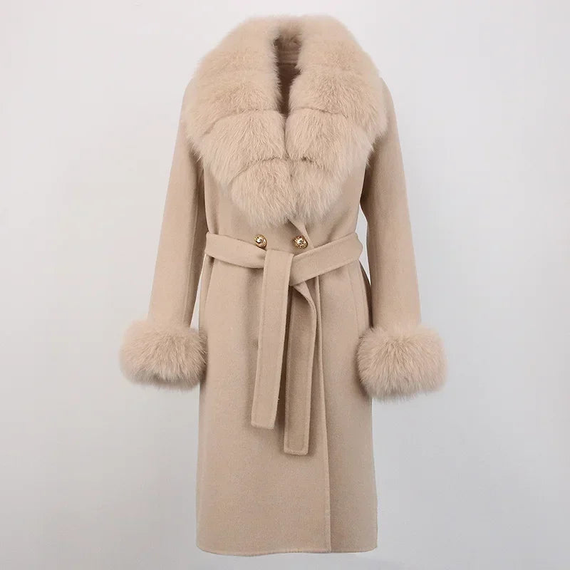 Double Breasted Woolen Jacket Belt Warm Cashmere Real Fur Coat Streetwear New Fashion 2024 Winter Women Long Natural Wool Blends
