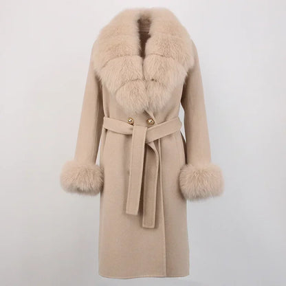 Double Breasted Woolen Jacket Belt Warm Cashmere Real Fur Coat Streetwear New Fashion 2024 Winter Women Long Natural Wool Blends
