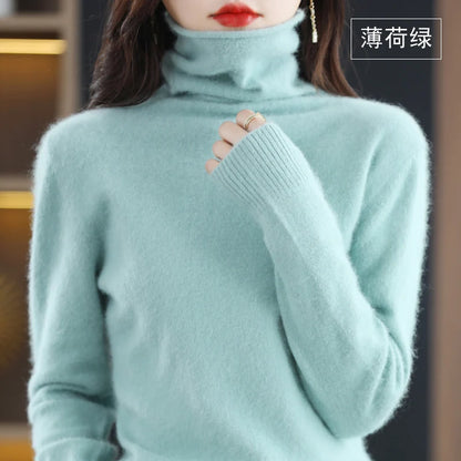 CHICUU Women Mink Cashmere Sweater Turtleneck Pullover Autumn Winter Basic Soft Warm Clothing 100% Mink Cashmere Knitwear Tops