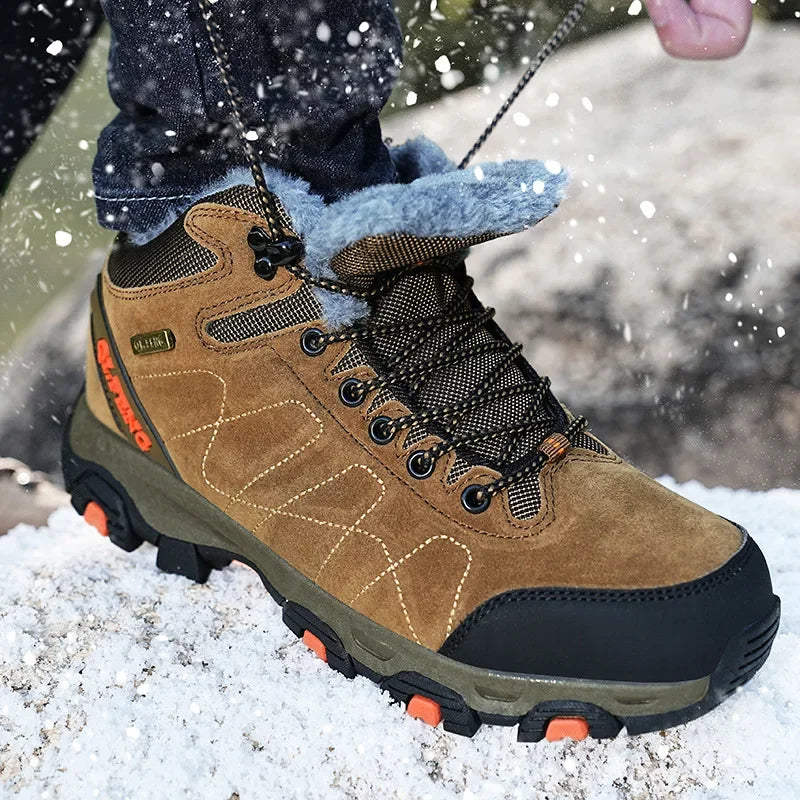 Couples Winter High Top Hiking Shoes Warm Cotton Fleece Outdoor Casual Shoes Large Size Comfortable Breathable Trekking Boots