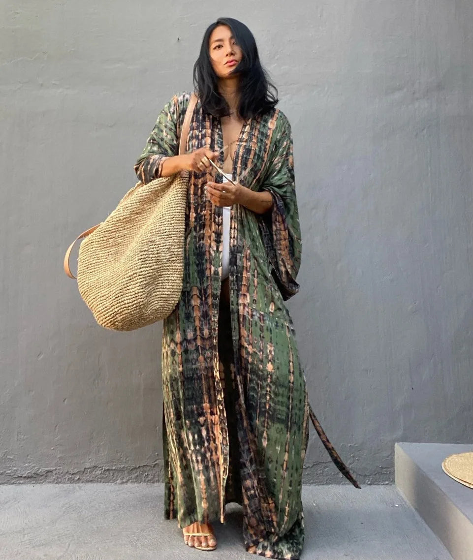Beach Cover Ups Women Tie Dye Printed Kimono Cardigan Self Belted Wrap Dresses Summer Holiday Bathing Suits
