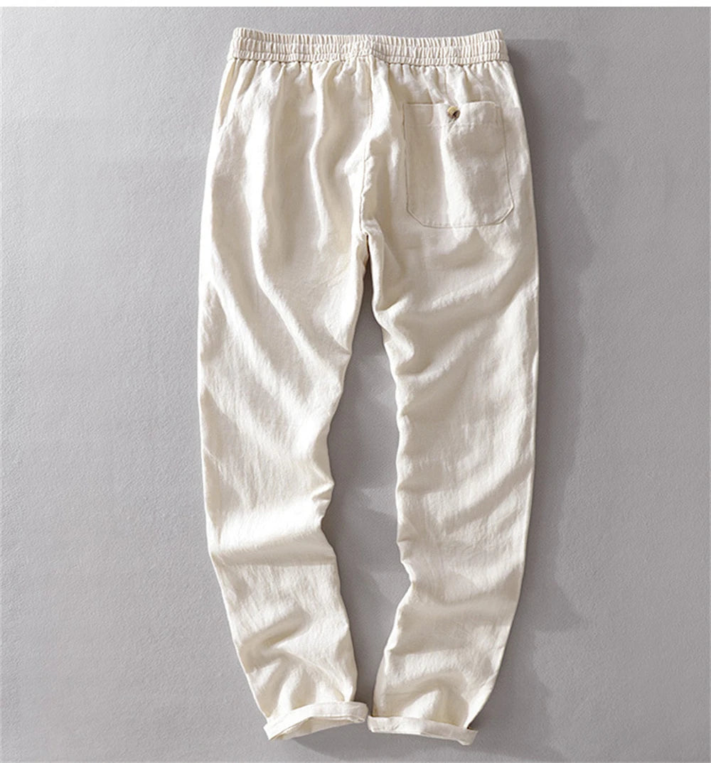 2025 Summer men's Linen pants Thin Breathable Spring solid Beach Trousers for men Elasticated waist white man Casual pants