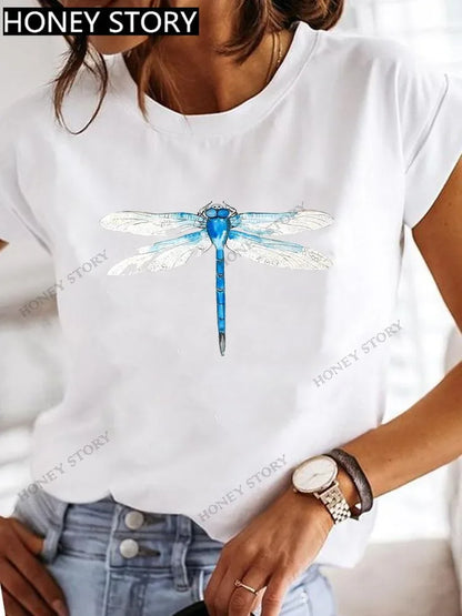Dragonfly Butterfly Print Base Top Loose Women's Short-sleeved T-shirt Round Neck Oversized T Shirt  Women Clothes TEE