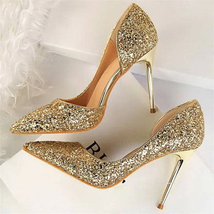 Plus Size 34-43 Women 9.5cm High Heels Stripper  Bling Glod Red Silver Scarpins Pumps Lady Stiletto Wedding Bridal Fetish Shoes