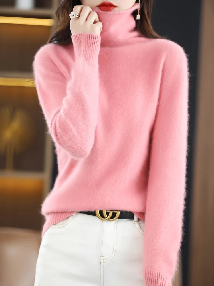 CHICUU Women Mink Cashmere Sweater Turtleneck Pullover Autumn Winter Basic Soft Warm Clothing 100% Mink Cashmere Knitwear Tops
