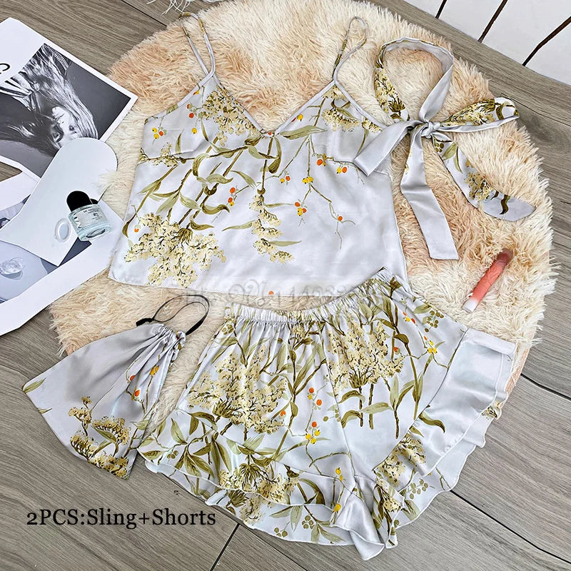 Four Pieces Pajamas Set Printed Little Cherry Sleepwear Women Satin Nightgown With Suspender Sling&Shorts Summer Home Clothes