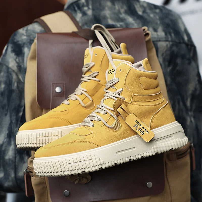 Winter high top men's shoes, sports work casual leather shoes, retro workwear, versatile, trendy casual sports shoes