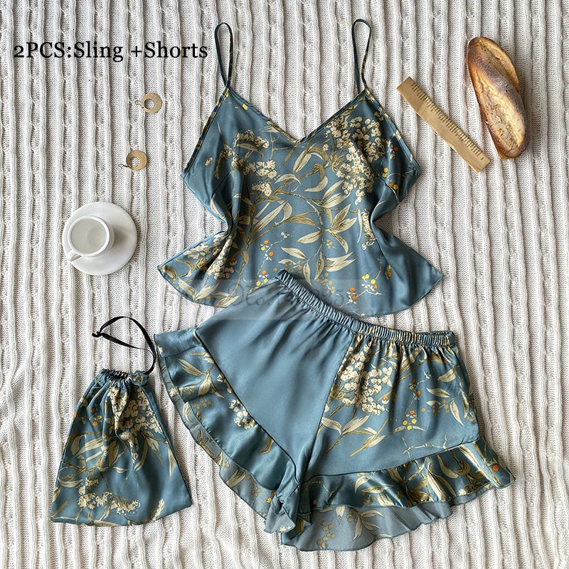 Four Pieces Pajamas Set Printed Little Cherry Sleepwear Women Satin Nightgown With Suspender Sling&Shorts Summer Home Clothes