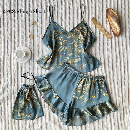 Four Pieces Pajamas Set Printed Little Cherry Sleepwear Women Satin Nightgown With Suspender Sling&Shorts Summer Home Clothes