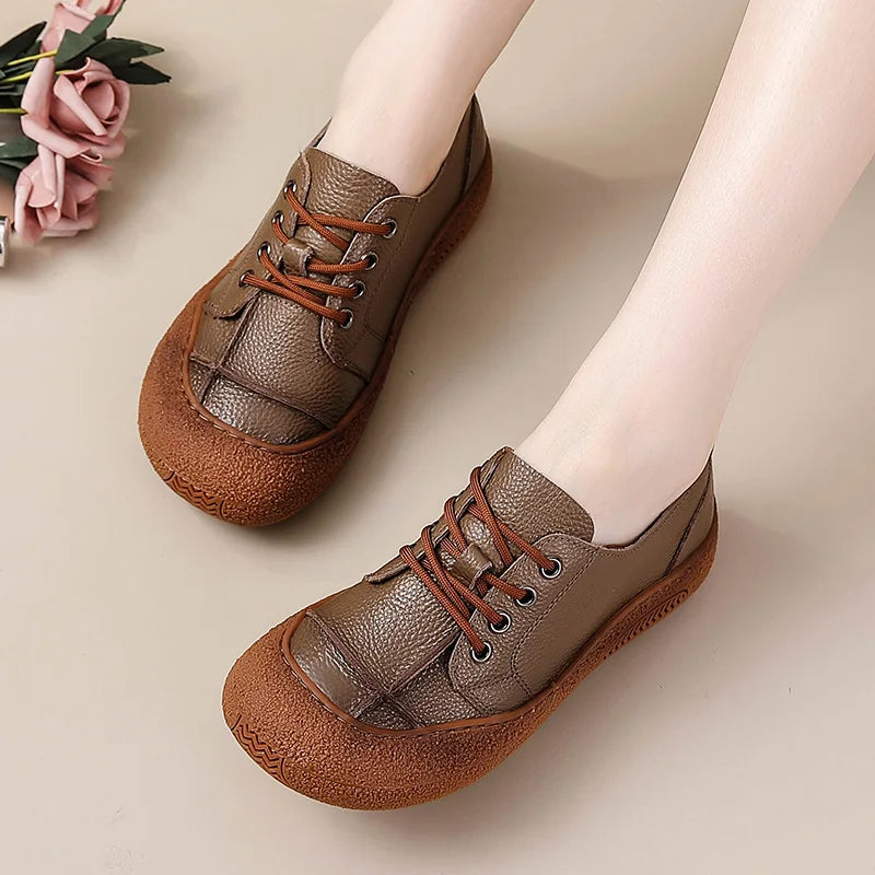 New Women's Genuine Leather Flats Woman Tied Up Wide Head Sports Sneakers Vintage Moccasin Non-Slip Walking Driving Loafer Flats