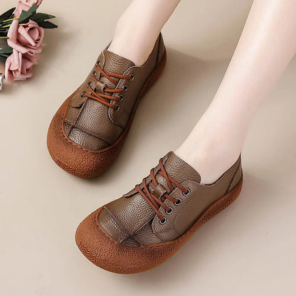New Women's Genuine Leather Flats Woman Tied Up Wide Head Sports Sneakers Vintage Moccasin Non-Slip Walking Driving Loafer Flats