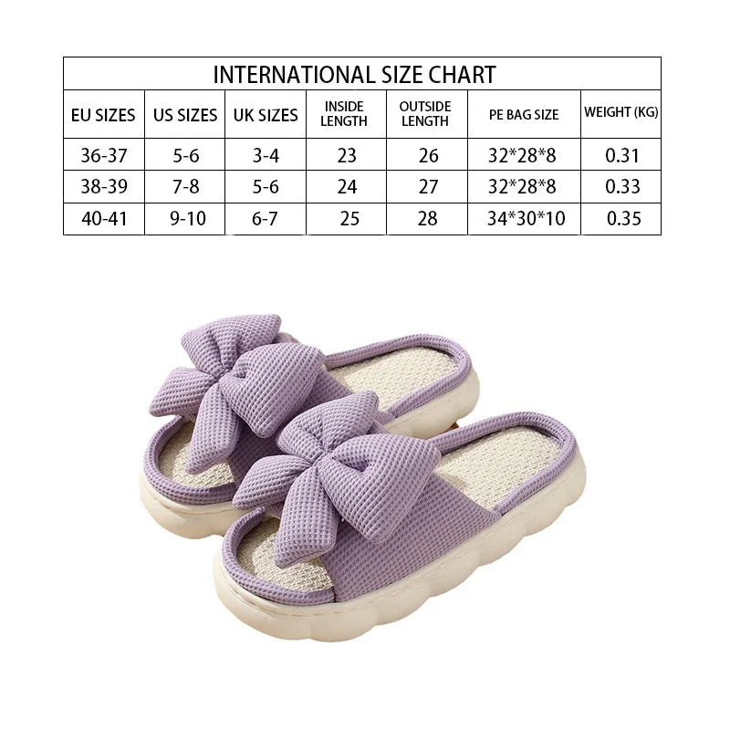 Comfortable Linen Slippers Soft and Lightweight Cotton Slippers Cute Bowknot Flat Slipper Couples Slides Home Shoes for Women