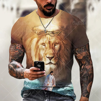 Christ Jesus T-Shirts for Men 3D Lion Printed T-Shirt Summer Clothes Short Sleeve Streetwear Vintage Tops Tee Shirt Men Clothing