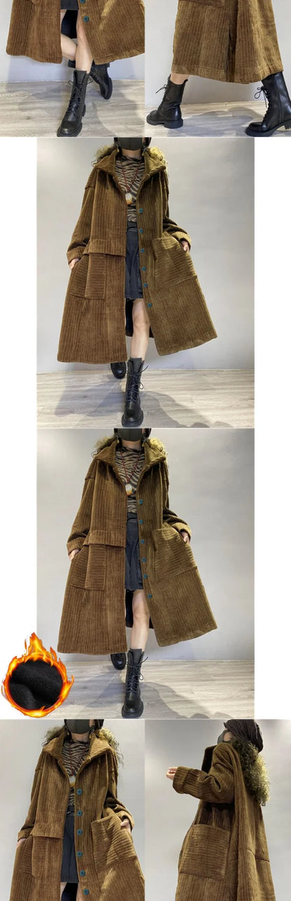 Thiened Fce Long Corduroy Warm Outerwear Women's Single Button Open Cardigan Windbreaker Autumn Winter Seasonal Faion
