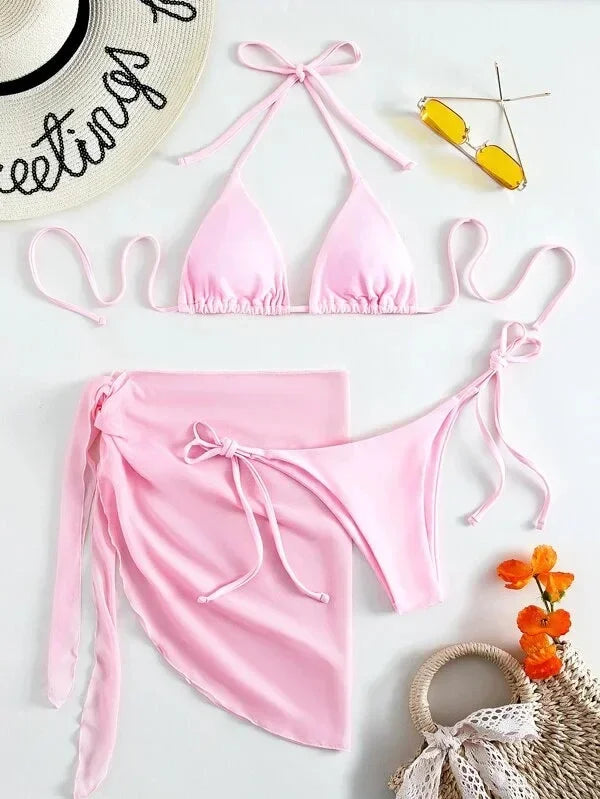 2026 Women's High Waist Bikini Set Halter Cut Out Mesh Skirt 3 Piece Swimsuit Brazilian Push Up Bra Beach Bathing Suit Swimwear