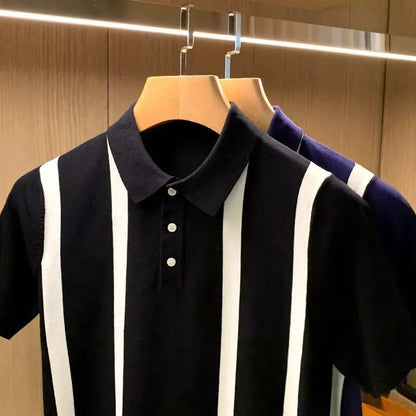 Trendy Mens Slim Knit Polo Shirts Summer Daily Casual Striped Contrast Color Knitted Polos Men Summer Fashion Short Sleeve Tops