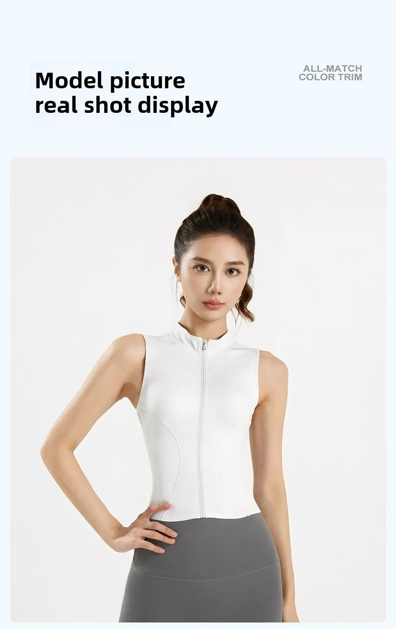 Spring and Summer New Sleeveless Vest Women's Yoga Jacket Slimming Stretch Slim Sports Jacket Standing Collar Zipper Top Fitness