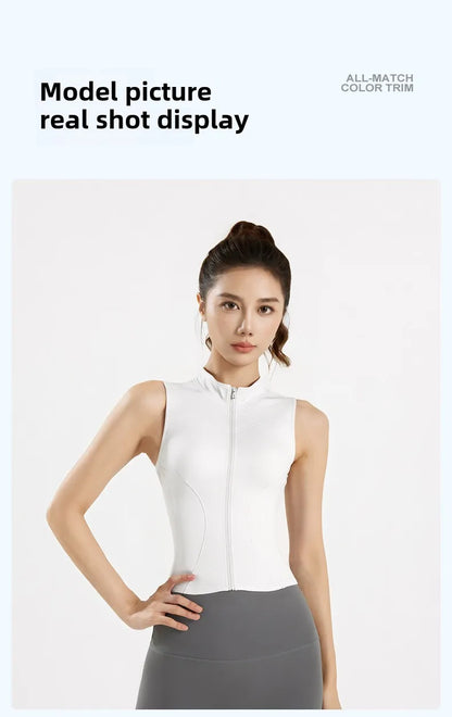 Spring and Summer New Sleeveless Vest Women's Yoga Jacket Slimming Stretch Slim Sports Jacket Standing Collar Zipper Top Fitness