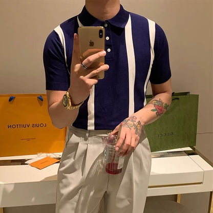 Trendy Mens Slim Knit Polo Shirts Summer Daily Casual Striped Contrast Color Knitted Polos Men Summer Fashion Short Sleeve Tops