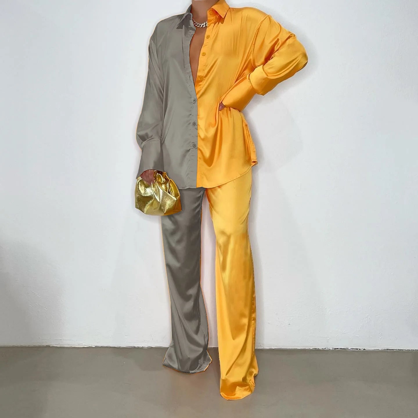 CM.YAYA Elegant Satin Women's Tracksuit Long Sleeve Shirt and Wide Leg Straight Pants Matching Sleepwear Two 2 Piece Set Outfits