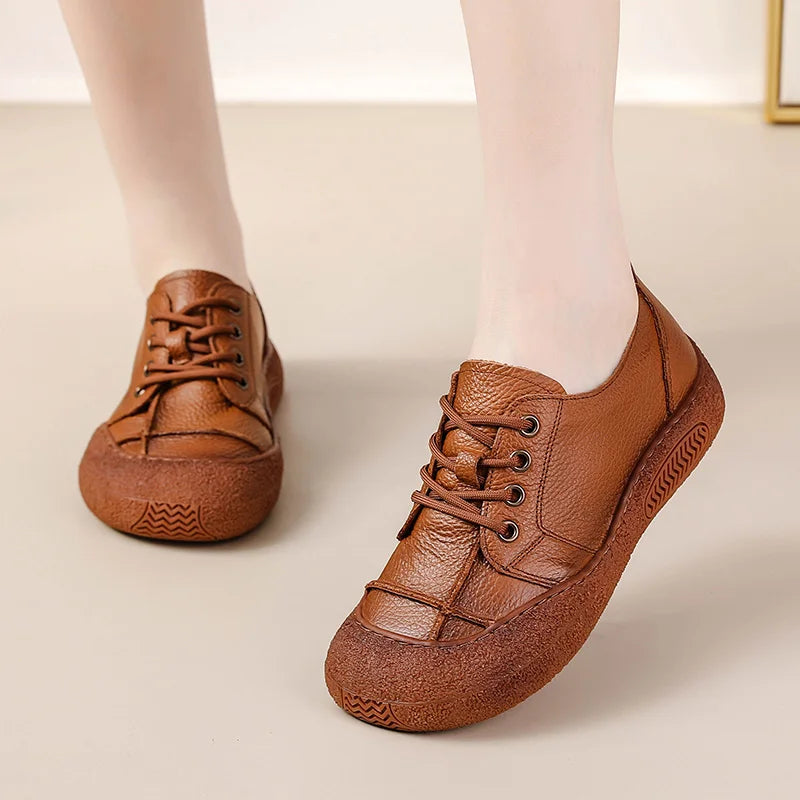 New Women's Genuine Leather Flats Woman Tied Up Wide Head Sports Sneakers Vintage Moccasin Non-Slip Walking Driving Loafer Flats