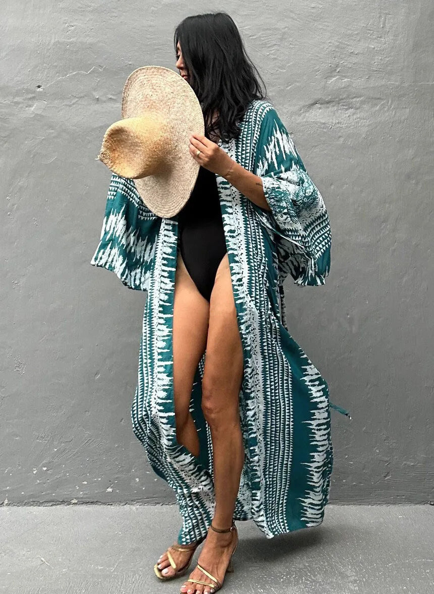 Beach Cover Ups Women Tie Dye Printed Kimono Cardigan Self Belted Wrap Dresses Summer Holiday Bathing Suits