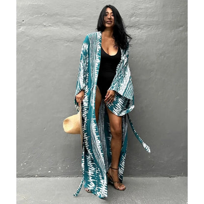 Beach Cover Ups Women Tie Dye Printed Kimono Cardigan Self Belted Wrap Dresses Summer Holiday Bathing Suits