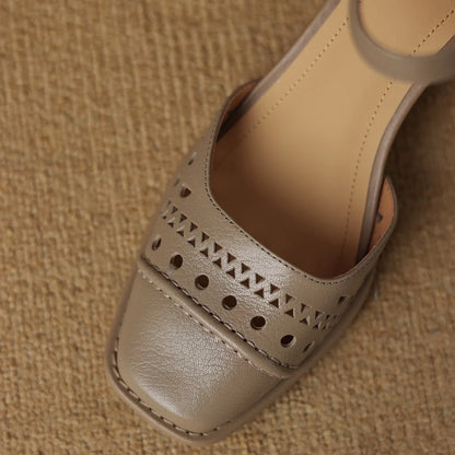Women's sheepskin hollow-out summer sandals ankle strap square toe 6cm thick med heel elegant ladies heeled dress slim shoes 40